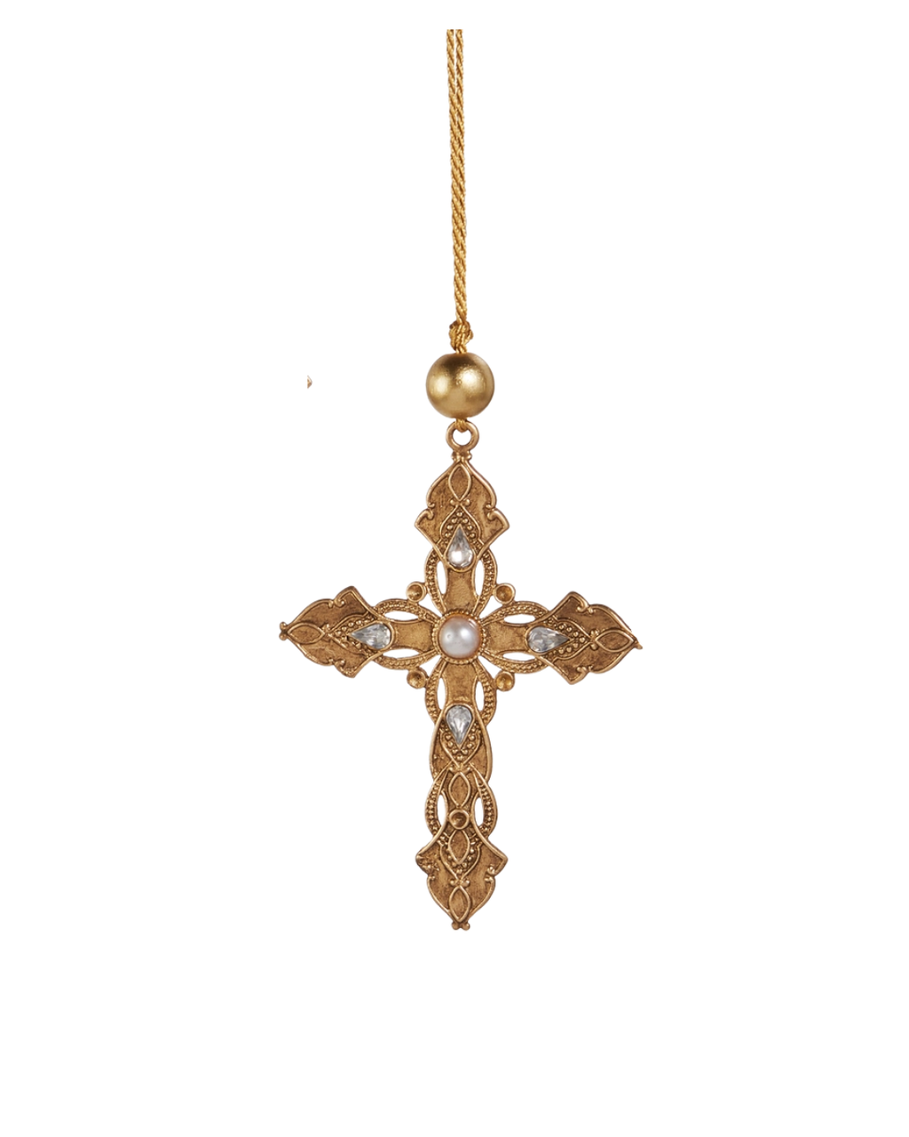 4.5" Gold Cross Ornament with Pearl