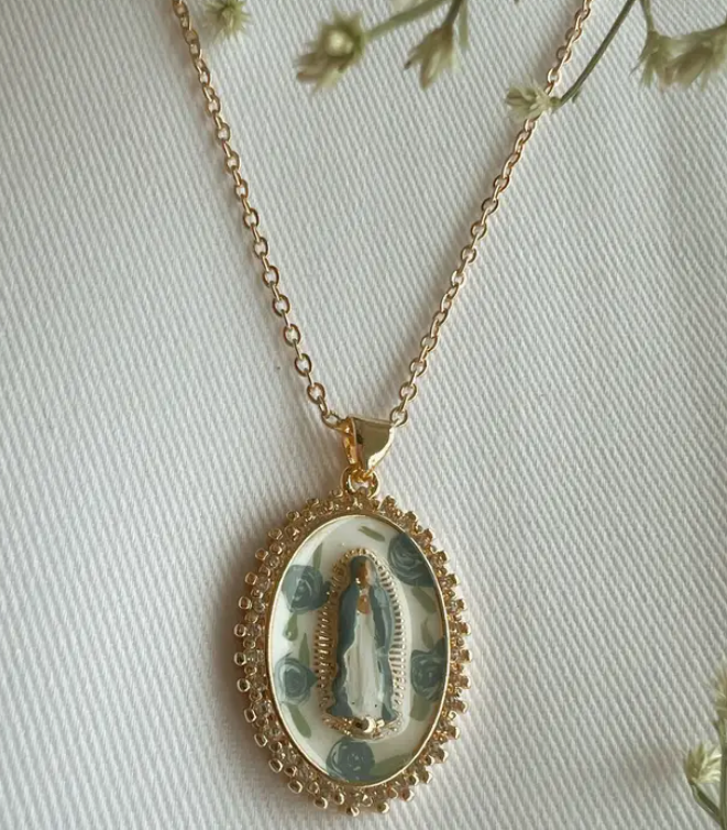 Mother Mary in Blue Roses Necklace