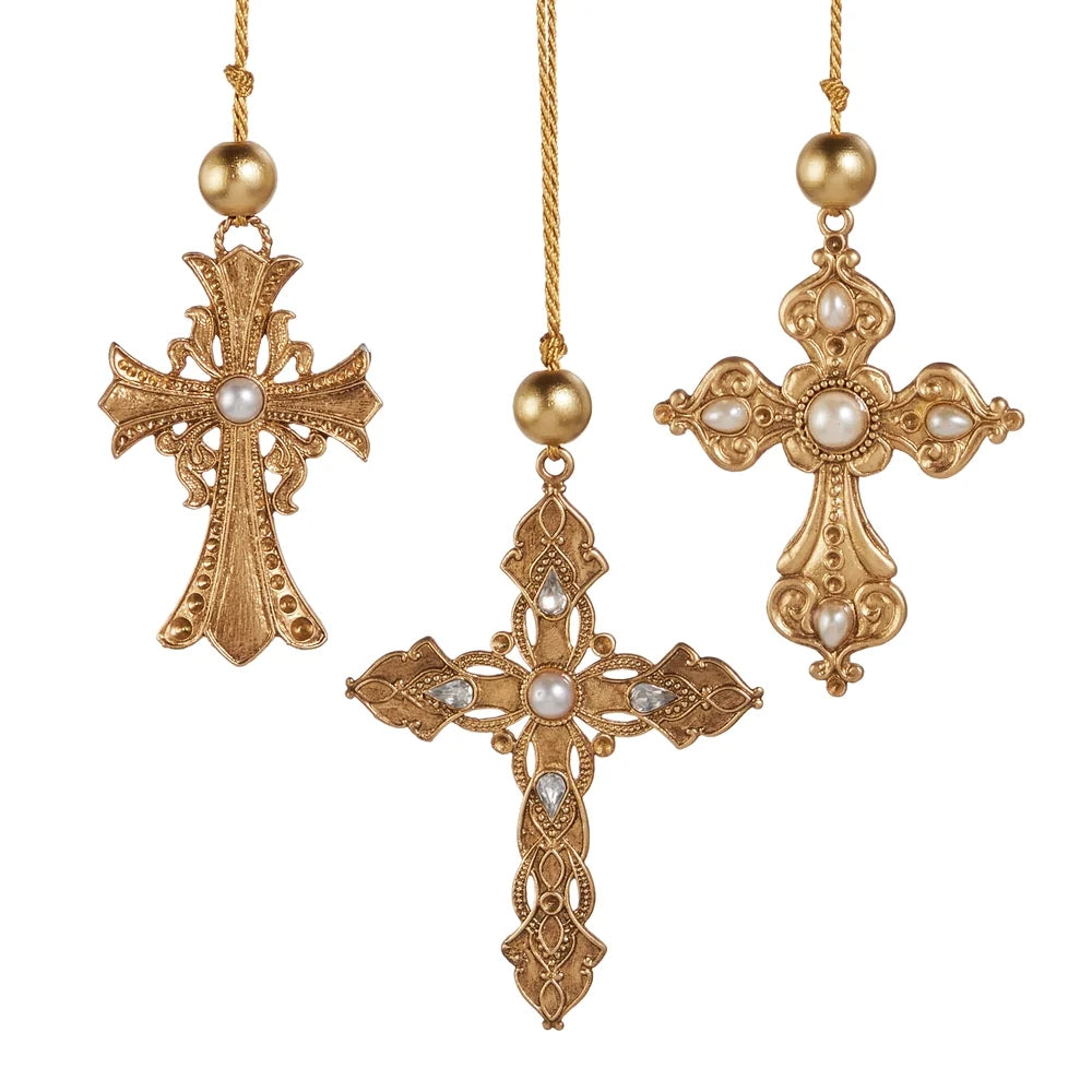 4.5" Gold Cross Ornament with Pearl