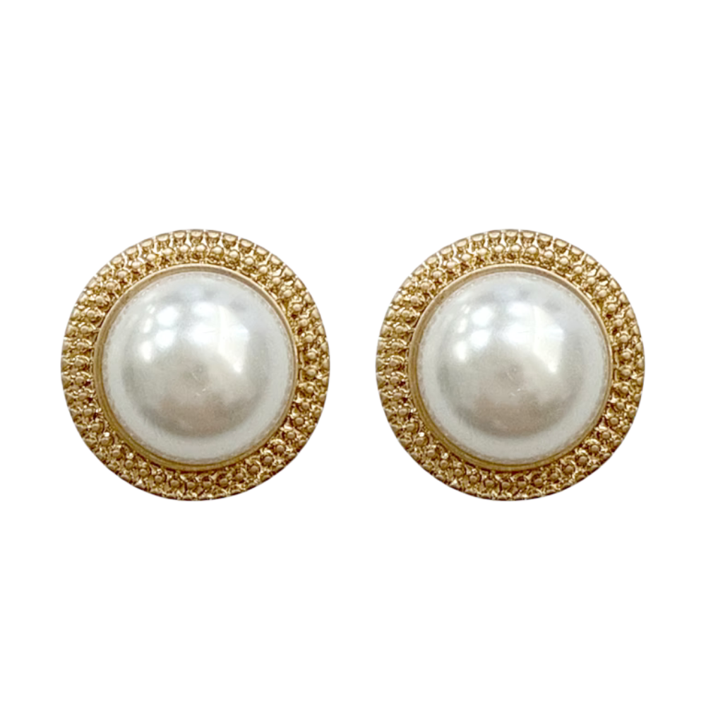Pair of pearl earrings with gold rims on a white background