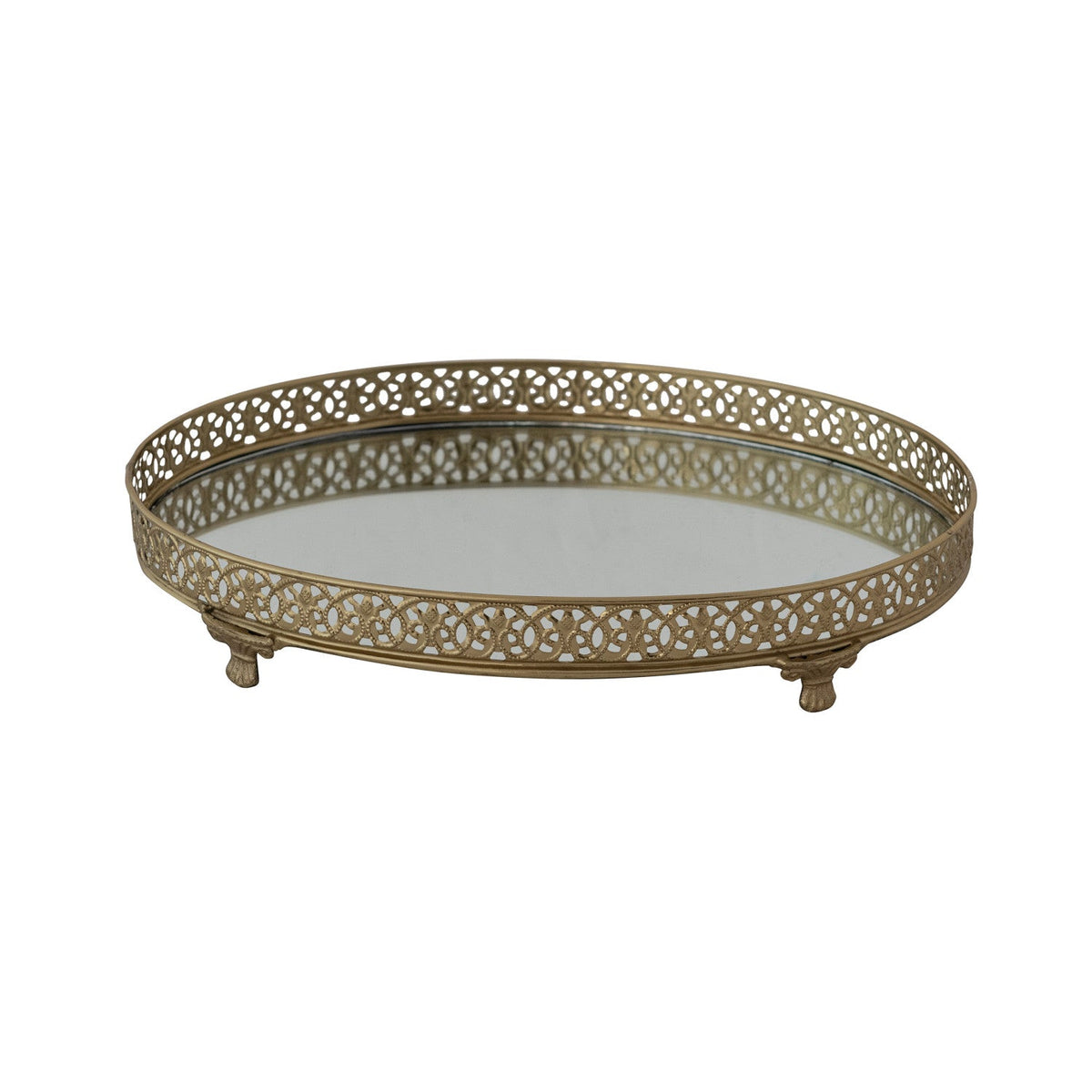 Oval Metal Filigree Footed Tray with Mirror, Gold Finish