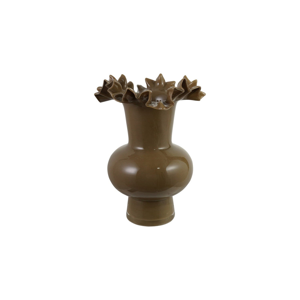 Opaque Glass Footed Ruffled Vase, Olive Color