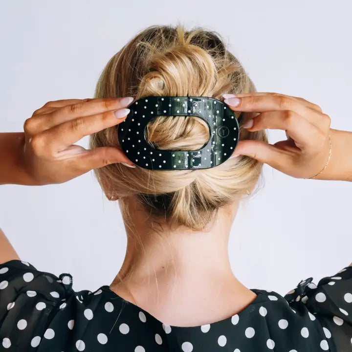 Black Polka Dot Party Large Flat Round Hair Clip